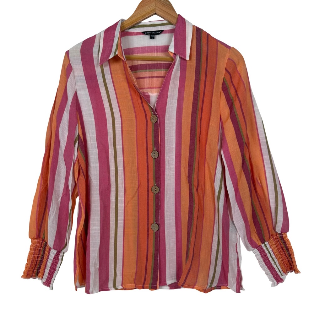 Unique Spectrum Button Down Blouse Womens M Multi Color Striped Smocked Cuff